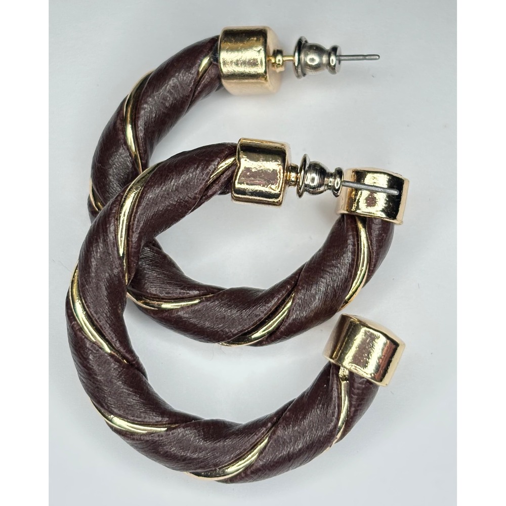 Vintage Dark Brown Faux Leather Gold Tone Twisted Hoop Earrings Post Back